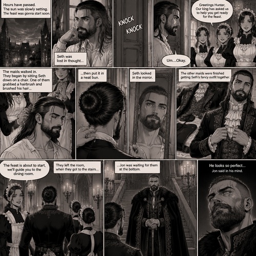 (Recap) Seth Rollins (The vampire hunter) woke up in a Royal bedroom,He finds a note on a nightstand that says “My little hunter,If you are reading this that means you’re awake,I had go out to do my royal duties,In case you’re wondering where you are,you’re in my castle completely safe,I bet you’re wondering why I took you here,I will explain everything soon,There’s going to be a royal feast tonight where I will announce who my bride is,I wish for you to be there,See you tonight my dear, Love Jon”,Then he walked to a mirror and gently traced the bite mark on his neck and wondered what the vampire king (Jon Moxley) wanted with him. (And now part 3). Hours have passed,the sun was slowly setting,The feast was gonna start soon. Seth was lost in thought,Then there was a knock on the door. He got up and opened it,The palace maids were there. “Greetings Hunter,Our king has asked us to help you get ready for the feast” said one of the maids. “Um….Okay” Said Seth. The maids walked in,They began by sitting Seth down on a chair,One of them grabbed a hairbrush and brushed his hair while the other maids went to get a fancy outfit together. After she was done brushing Seth’s hair the maid then put it in a neat bun. Seth looked in the mirror. The other maids were finished Getting Seth’s fancy outfit together. Seth puts it on. “The feast is about to start,we’ll guide you to the dining room” said one of the maids. They left the room,when they got to the stairs…Jon was waiting for them at the bottom. He looked at Seth. “He looks so perfect” Jon said in his mind