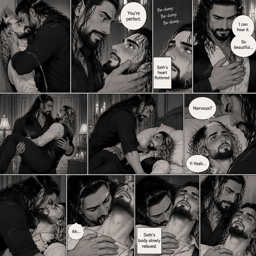 Part 3 of the Vampire x Butler story.Sill in the bedroom of the man of the house (Roman Reigns). He was kissing the Butler (Seth Rollins) against the wall. He smiled at Seth afterwards. Seth was flustered.Roman gently put his hand on Seth’s cheek. “You’re perfect” Roman said softly.Seth’s heart fluttered.Roman heard it,He gently placed his other hand on Seth’s chest to feel the heartbeat.After a while he lifted Seth into his arms.He walked to the bed and gently put Seth down on the bed.Seth looked up at Roman nervously. “Nervous?” Asked Roman. “Y-Yeah” Said Seth.Roman leaned forward towards Seth’s neck.He then wrapped his arms around him in his embrace.He put his lips on Seth’s neck.Seth’s breath hitched a little,Then….Roman’s fangs pierced Seth’s neck.Seth gasped softly.Roman Gently put his hand on Seth’s shoulder and gently rubbed it.Seth’s body slowly relaxed.After a while Roman removed his fangs from Seth’s neck