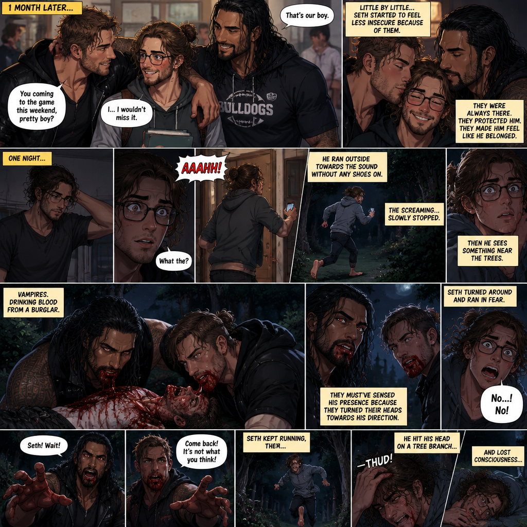(Recap) Seth Rollins (College student) was at a history class,Then two students came in late,Roman Reigns (College Football Player) and Jon Moxley (bad boy) a.k.a the power couple,Seth thought about approaching them but his insecurity won’t let him,He thought they wouldn’t want be be around someone who was as ugly as him,He focused,Then Roman and Jon sat at two empty desks on each side of Seth,Seth was surprised,They said hello and flirted with him,Seth blushed. (And now part 2). 1 month had passed,Jon and Roman started hanging out with Seth a lot,Little by little Seth started to feel less insecure because of them. If anyone ever picked on Seth Roman and Jon would protect him. One night Seth was in his dorm room getting ready for bed…then he heard a scream coming from outside. “What the?” Seth said. He grabbed his phone,Ran downstairs to the front door,opened it and ran outside to the sound without any shoes on. The screaming…slowly stopped. Seth’s heart was pounding,Then he sees something near the trees. He walked closer…he sees…Vampires Drinking blood from a burglar. Seth was horrified. They must’ve sensed his presence because they turned their heads towards his direction. Seth couldn’t believe it….it was Roman and Jon. Seth turned around and ran in fear. Roman and Jon yelled after him. Seth kept running,Then….he hit his head on a tree branch and lost consciousness