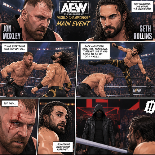 Jon Moxley and Seth Rollins are in a match against each other. It’s the main event. It seems like it was gonna go on for a while…but then….something unexpected happened