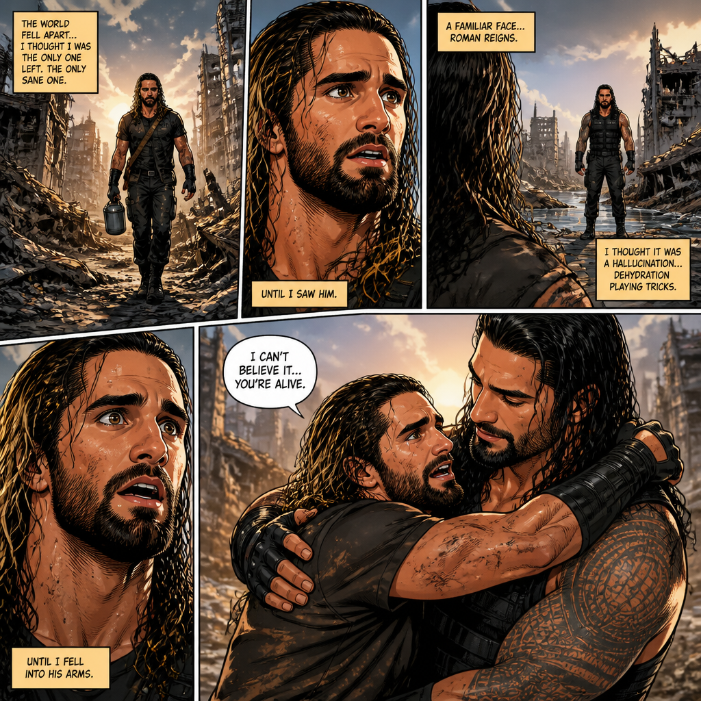 WWE superstar Seth Rollins in a post apocalyptic world trying to survive.He thought he was the only sane person left…. But he was wrong.One while was looking for water….He saw a familiar face…it was Roman Reigns.He thought he was hallucinating from dehydration…Till he fell into Roman’s arms.He realized…Roman was actually here.”I can’t believe it….you’re alive” Said Seth