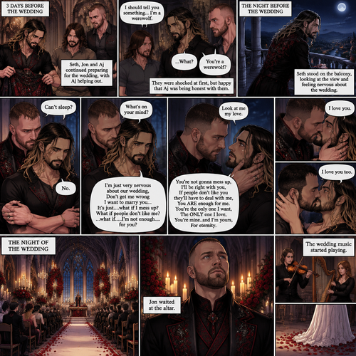 (Recap) Seth Rollins (The vampire hunter turned Bride of the Vampire king) Reunited with his long lost brother Aj Styles,Time skip to 3 days before the wedding,Seth and Jon Moxley (Vampire King) were still preparing,Aj helped out,The night before Aj had told Jon and Seth that he’s a werewolf,Seth and Jon were shocked but were happy that Aj was being honest with them,Seth was on the balcony Looking at the view and Looking nervous about the wedding,Jon appeared behind him checking in on him,“Can’t sleep?” Jon asked,“No” Said Seth,Jon wrapped his arms around him,“What’s on your mind?” Jon asked,”I’m just very nervous about our wedding,Don’t get me wrong I want to marry you…It’s just….what if I mess up? What if people don’t like me?…what if…..I’m not enough….for you?” Said Seth,”Look at me my love” Jon said softly,Seth looked up at him,”You’re not gonna mess up,I’ll be right with you,If people don’t like you they’ll have to deal with me,You ARE enough for me,You’re the only one I want,The ONLY one i love,You’re mine..and I’m yours,For eternity” Jon said softly,Seth’s heart fluttered,Jon kissed him softly,”I love you” Jon said Softly,”I love you too” Seth said softly,They kissed again. (And now part 9) The night of the wedding arrived,The guests were at their seats. Jon was waiting at the altar. He he wedding music started playing