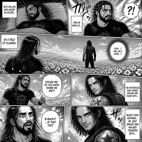 Seth Rollins was asleep on his bed,Then he woke up….On a field of flowers,He was confused as to how and why he was there.Then he noticed a mysterious man ahead of him with his back turned.He stands up. “Excuse me! Do You know where we are?!” Seth called out.The mysterious man turned around and faced Seth….It was Bucky.Seth was surprised. “B-Bucky?…Is that you?” Seth asked.Bucky said nothing…He just smiled and walked towards Seth