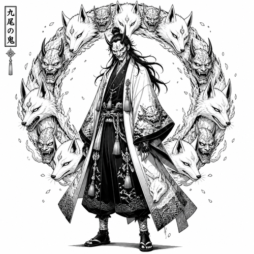 Ceremonial Oni Nine tailed fox oni circle behind him made of fox heads and oni masks. Full body medium level to trace