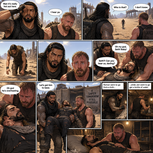 It’s a post apocalyptic world,Roman Reigns and Jon Moxley were side by side surviving the apocalypse together.They fought Bandits and raiders and scavenged for supplies.One day it was really hot outside. “Man it’s really hot out here” Said Roman. “I hear ya” Said Jon.They were about to head back to their base…then they see a person in the distance,He looked like he was overheating. “Who is that?” Asked Jon “I don’t know” said Roman.The person must’ve saw them because he began to walk towards them,but before he got closer to them he passed out due to overheating.Roman and Jon looked at each other,and then walked towards the unconscious man.when they got closer…they recognized him,They shocked…they ran towards him….It was Seth Rollins.Jon had tears in his eyes. “Oh my god,Seth! Baby!” Said Jon as he pulled Seth in his embrace. “Seth?! Can you hear us,darling?” Said Roman.Seth’s breathing was a bit shallow. “Oh god he’s overheating” Said Jon. “Let’s get him to base” said Roman.They carried him to their base.They put him on the bed,Roman went to go find a cloth while Jon went to go get a bottle of water