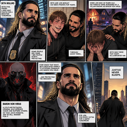 Seth Rollins is a detective. He and Jon Moxley had been friends for years. When Jon was 18 years old His parents were murdered by a villain known as Baron Von Virus. Seth comforted him that night. Ever since then Seth dedicated himself to stopping criminals like Baron Von virus and protecting the innocent