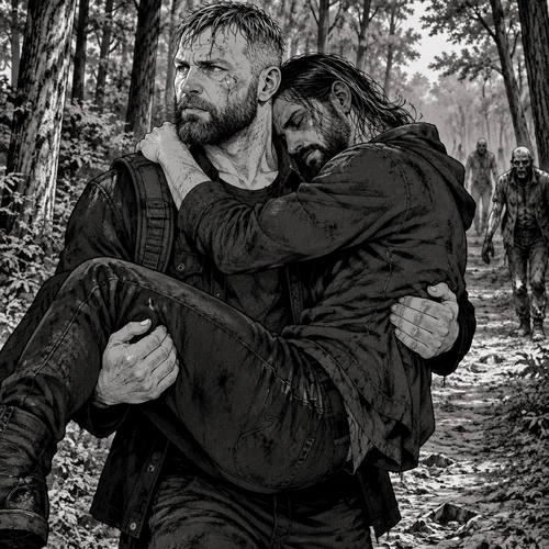 (Part 5). Still in the zombie apocalypse. Jon Moxley was walking in the woods while Holding Seth Rollins in his arms after their emotional reunion near the river. Seth was resting his head on Jon’s shoulder while holding on