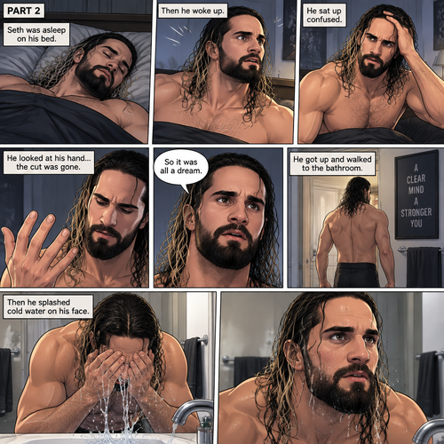 (Recap) Seth Rollins Was walking in the forest near his house,he discovered a statue of a sorcerer (Roman Reigns),he finds a hole on it,then he accidentally cuts his hand,A little bit of his blood dripped in the hole,then it broke apart…revealing the sorcerer himself,Seth was shocked,the sorcerer grabbed Seth’s wrist and pulled him closer,He looked at Seth’s eyes,then he used a spell to make Seth sleep,then he lifted Seth in his arms. (And now part 2). Seth was asleep on his bed,then he woke up. He sat up confused. He looked at his hand…the cut was gone. “So it was all a dream” Seth said to himself. He got up and walked to the bathroom,then he splashed cold water on his face