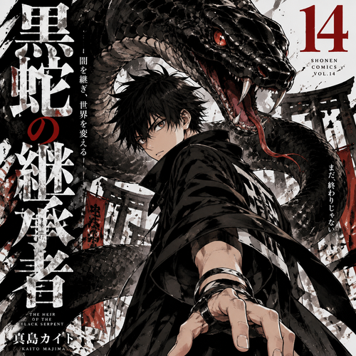 A boy with a giant black snake behind him for a cover volume 14
