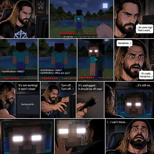 Seth Rollins was playing Minecraft alone on his computer,Then he noticed something. There was a player with a default skin,His back faced Seth. The strange part about it…was there was no name tag above the player. Seth was getting suspicious. He moved his character to the player,Then he typed in the chat bar “Hello?”. The player didn’t respond. Seth typed in the chat bar again “Who are you?”. The player slowly turned around….it wasn’t a player at all….It was Herobrine. Seth was spooked,He’s heard the legend of Herobrine before. He tried to exit the server…But it wasn’t working,He tried to close the game…but it wasn’t working either. Herobrine kept staring at Seth. Seth tried to turn off the computer….but it won’t turn off. Then…Herobrine slowly moved closer to the screen. Seth panicked and unplugged the computer……but it was still on,He was paralyzed with fear