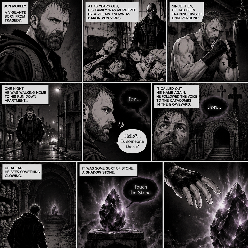 Jon Moxley as a vigilante born from tragedy. When he was 18 years old his family was murdered by a villain known as Baron Von Virus. Since then he had been training himself underground. One night he was walking home to his run down apartment…then he heard a mysterious voice call out his name. “Hello?…Is someone there?” Jon asked. It called out his name again. He followed the voice to the catacombs in the graveyard. Up ahead…He sees something glowing. It was some sort of stone…a shadow stone. Then the voice repeats “Touch the Stone”. Jon slowly walks towards the stone,His hand reaches out