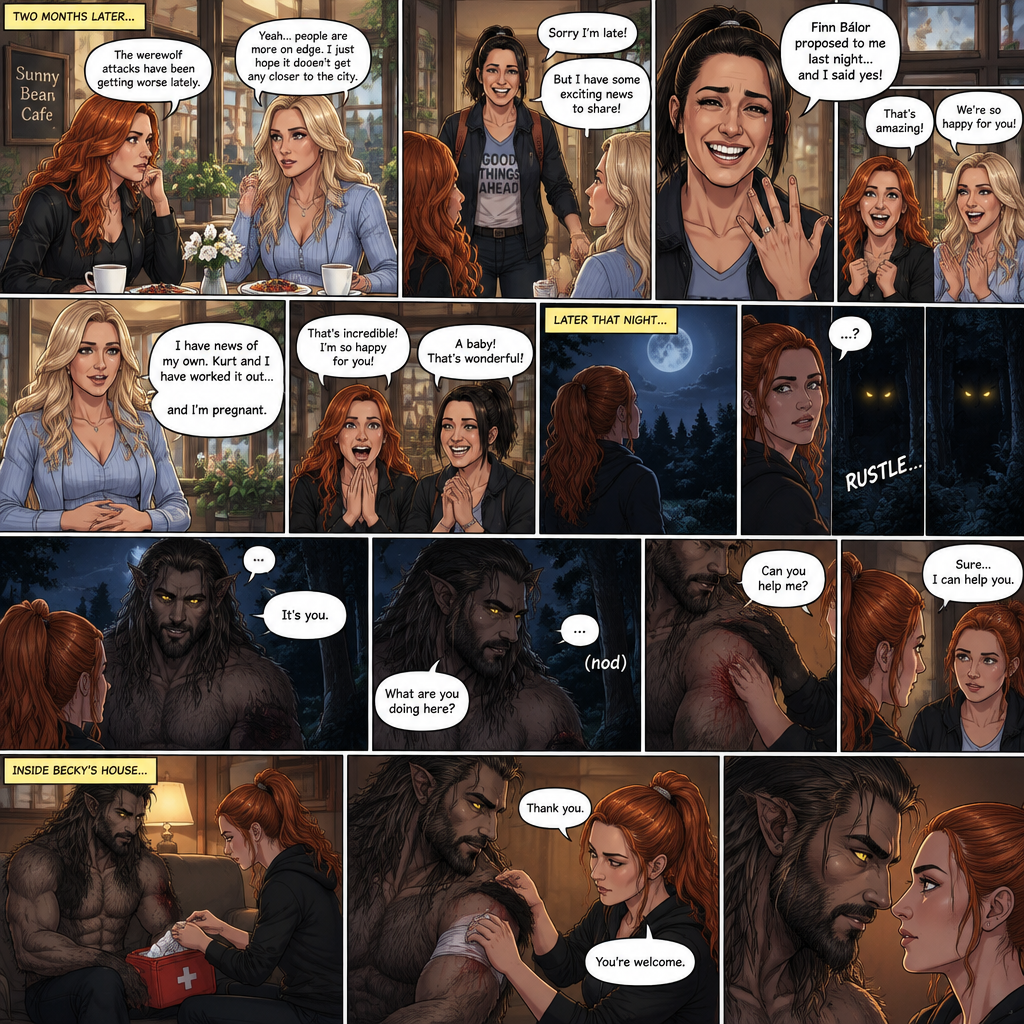 (Part 2 of the Werewolf X human story). It’s been two months since the night Becky Lynch and Her friends Charlotte Flair and Bayley saved the Man (Seth Rollins). They haven’t seen him since. Becky and charlotte were having brunch at a cafe,They were talking about the recent werewolf attacks. Then Bayley showed up late….with a happy grin on her face. She apologized for being late and sat at the table. Then she said she’s has some exciting news to share with the two of them….Finn Bálor proposed to her last night…and she said yes. Becky and Charlotte were happy and excited for Bayley. Then Charlotte said she’s has some news of her own. She and her husband (Kurt Wagner a.k.a nightcrawler) have worked it out…and She’s pregnant. Becky and Bayley were happy and excited for Charlotte. Later that night,Becky was in her backyard looking at the moon…then…She heard a noise from the forest near her house. She looked closely. A pair of Yellow eyes were looking at her. A werewolf slowly walked out of the forest and walked towards her. Her heart was pounding. The werewolf stood in front of her. She….recognized those eyes….it was the man Becky and the girls saved two months ago. “It’s you” said Becky. He nodded. “What are you doing here?” Becky asked. He shows her the wound on his arm…then he spoke “Can you help me?”. Becky looked at the wound. “Sure…I can help you” Said Becky. They went inside Becky’s house. Becky went to get the first aid kit and the werewolf sat down on the couch. She came back and gently treated the werewolf’s wound. After a while,she was finished. “Thank you” the werewolf said softly. “You’re welcome” Becky said softly. They stared at each other