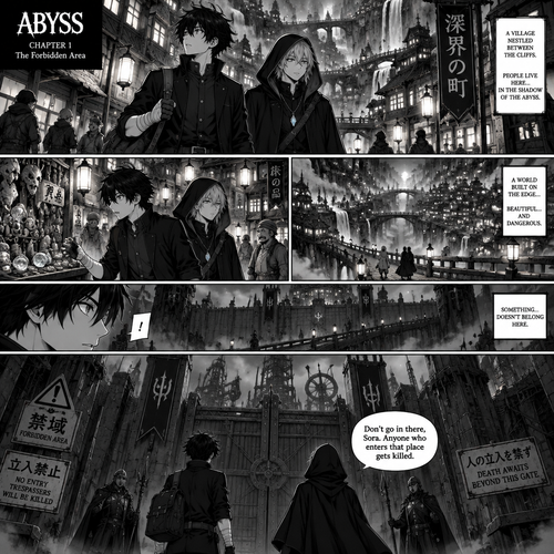 ABYSS — CHAPTER 1

Page 6: The Forbidden Area

Sora Amamiya — Appearance: A 17-year-old boy, 178 cm tall, with a slim athletic build. He has messy, layered jet-black hair with sharp, irregular spikes and uneven bangs, sharp light-grey eyes with dark pupils, and a youthful, defined face. He wears a fitted black high-collar jacket with silver buttons over a dark shirt, black trousers, a black belt with a rectangular silver buckle, and black lace-up combat boots. White bandages wrap around both wrists and partially cover both hands. He carries a dark travel bag.

Rei Mikazuki — Appearance: A mysterious boy with soft, layered silver hair, cool blue-grey eyes, and a calm, enigmatic expression. He wears a black hooded cloak with subtle blue accents over dark layered clothing, black trousers, and black boots. A blue crystal pendant hangs from a silver chain around his neck. His appearance is elegant and shadowy, contrasting with Sora’s spiky black hair and fitted black jacket.

Panel 1 — Exploring the Village

A wide cinematic shot of Sora and Rei walking side by side along the village’s beautiful stone-paved streets. Towering wooden buildings, glowing lanterns, hanging signs, and elevated bridges fill the background. Sora looks around with curiosity while Rei walks calmly beside him. The enormous cliffs above the village disappear into drifting mist.

Panel 2 — The Bustling Streets

Sora and Rei pass through a lively marketplace filled with merchants, unusual objects, food stalls, and villagers dressed in varied fantasy clothing. Warm lantern light reflects off the cobblestones. Sora turns his head toward a strange shop display, fascinated by the unfamiliar sights, while Rei continues walking beside him.

Panel 3 — A View From Above

A breathtaking panoramic view of the village stretching between colossal cliffs. Waterfalls descend beside tall buildings, wooden bridges connect distant rooftops, and countless lanterns glow through the mist. Sora and Rei appear as small figures crossing an elevated stone walkway, exploring the settlement together.

Panel 4 — Something Out of Place

As they walk beyond the busiest streets, Sora notices a distant structure surrounded by tall stone walls and heavy gates. Unlike the colourful marketplace, the area is silent and heavily guarded. Dark banners hang above the entrance, and warning signs cover the walls. The warm village lights fade into deep shadows around the forbidden area.

Panel 5 — The Forbidden Area

A dramatic wide shot from behind Sora and Rei as they stand before the enormous forbidden entrance. Towering black stone walls block the view inside. Armed guards stand beside the sealed gates, and strange mechanical structures are visible beyond the barriers. Warning symbols cover the surrounding walls. Sora stares at the entrance with curiosity, while Rei’s expression becomes serious.

Rei: “Don’t go in there, Sora. Anyone who enters that place gets killed.”

Sora remains silent, staring at the forbidden entrance. The final panel is dark, ominous, and filled with suspense.