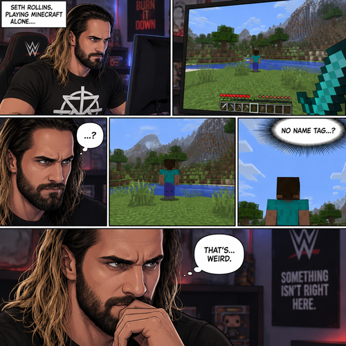 Seth Rollins was playing Minecraft alone on his computer,Then he sees something in the distance. It was a player with the default skin,His back was facing Seth. The strange thing about this player…was that there was no name tag above him. Seth got suspicious.