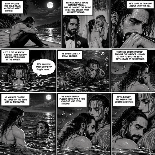 Seth Rollins was on a beach alone at night crying. He was about to be married today….but he caught the bride cheating on him with his best friend. He’s lost in thought about what to do,Little did he know…..A siren (Jeff Hardy) was watching him in the water. “Who dares to break your poor fragile heart” the siren said to himself. The siren quietly swam closer. Seth was still crying. Then the siren started singing the siren’s lullaby to try to Soothe Seth. Seth heard it,He noticed. He walked closer till half of his body was in the water. The siren gently pulled Seth into a hug while he was still singing. Seth slowly relaxed in the siren’s embrace. (End of part 1)