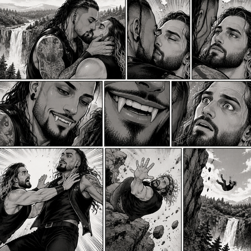 Part 5. Still at the cliff near the forest clearing with the waterfall view. The mysterious man (WWE superstar Damien priest) was kissing Seth Rollins. Seth felt like there was something familiar about the kiss. The man then smiled at him. Seth….then noticed….fangs in the man’s teeth…and realized…he’s a day walker vampire. He got scared and shoved the man off him…witch caused Seth to the fall of the cliff backwards