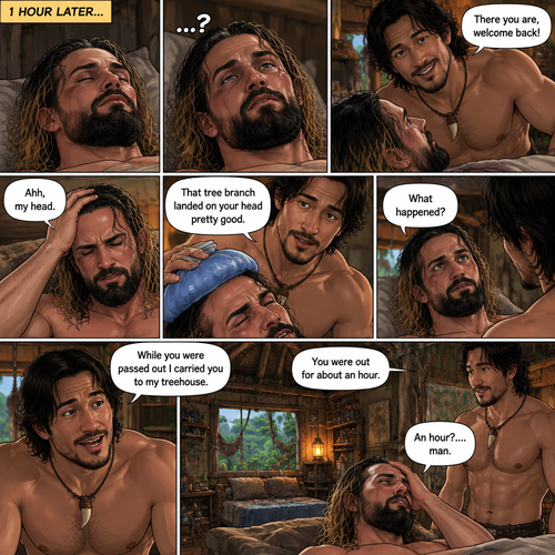 (Recap!) Seth Rollins was in a jungle with a group,Then jaguars appeared,he ran,he tripped and fell. A wild man (Markiplier) jumped in and saved him,A tree branch fell on Seth’s head and he got dizzy and passed out. After the wild man fended off the jaguars he lifted Seth in his arms and walked in the woods. (All caught up? Good! Now onto part 2!). 1 hour had passed,Seth slowly regained consciousness. The wild man was looking down at Him. “There you are,welcome back!” Said the wild man. Seth groaned a little,he puts his hand on his head. “Ahh,my head” said Seth. “That tree branch landed on your head pretty good” Said the wild man. The wild man gently put some ice on Seth’s head. “What happened?” Asked Seth. “While you were passed out I carried you to my treehouse” Said the wild man. Seth looked at his surroundings,he was indeed in the wild man’s treehouse. “You were out for about an hour” said the wild man “An hour?….man” said Seth