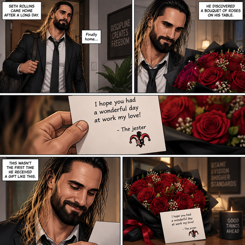 Seth Rollins came home after a long day,He discovered a bouquet of roses on his table. He reads the card,it says “I hope you had a wonderful day at work my love!-The jester”. This wasn’t the first time he received a gift like this