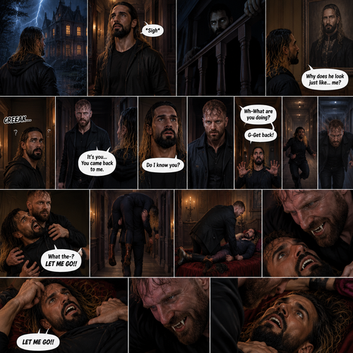 It was a dark and stormy night.Seth Rollins was lost in the woods,Then he found an abandoned mansion up ahead.Having no other options he went inside.He sighed heavily.He decided to look around,Little did he know…Someone was watching him in the darkness.He kept looking around,Then he noticed a painting of a man on the wall,He couldn’t help but notice…that the man in the painting…looked just like…him. “Why does he look just like…me?” Seth asked himself.Then…He heard the floor creak behind him,He turned around,A man (Jon Moxley) was standing right there.The man Looked at the painting and then he looked at Seth…..as if he….recognized him. “It’s you…You came back to me” The man said softly to Seth.Seth was confused. “Do I know you?” Seth asked.The man didn’t say anything else,He just simply walked slowly towards Seth.Seth got nervous and walked backwards slowly. “Wh-What are you doing?” Asked Seth. “G-Get back!” Said Seth.He then turned around and ran.The man then used some sort of super speed to catch up to Seth and grabbed him. “What the-?” Asked Seth. He struggled. “LET ME GO!!” Seth shouted.The man simply put Seth over his shoulder and walked to the staircase,Seth kept struggling…but it was no use.The man walked down the hallway,He opened a door,It was a bedroom,He walked to the bed and gently put Seth on it,then he got on top of him.The man Smiled,Seth noticed fangs on his teeth,That’s when he realized…the man…is a vampire,He got scared and started to struggle again