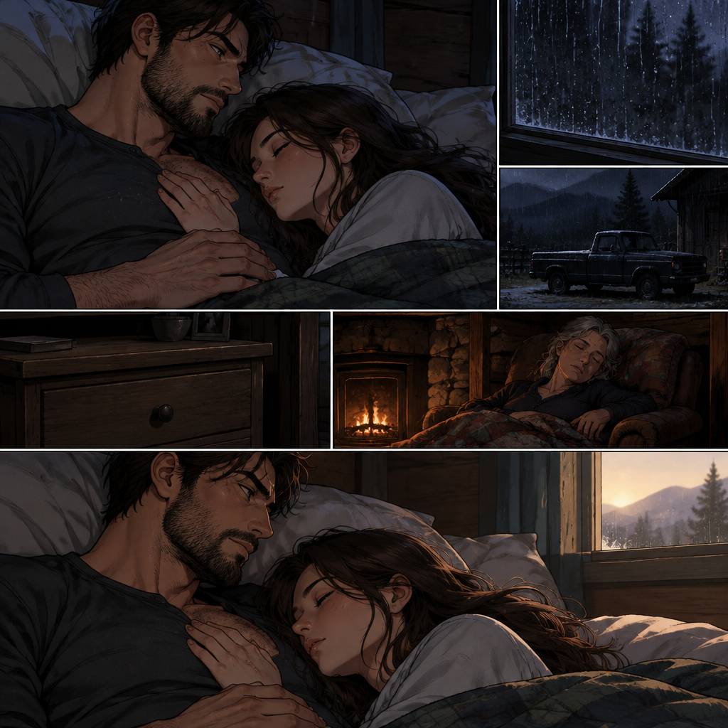 *The rain found its low rhythm against the glass, and the room settled into the sound of her breathing gone slow and even. Cormac stayed awake a while past her surrender — not the old night watch, not the back to the wall, but a softer keeping: her hand where she'd placed it, the scar warm under her palm, the whole of the ridge gone quiet around the two of them. The truck sat dark in the yard. The drawer stayed shut. Somewhere below, his mother's breathing rose and fell with the banked fire. He turned his head once, found her profile in the dark, and did not move again until the first grey light began to work its way across the sill.*