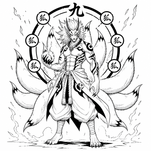 Oni Nine tailed fox humanoid with a symbol made out of power medium level to trace