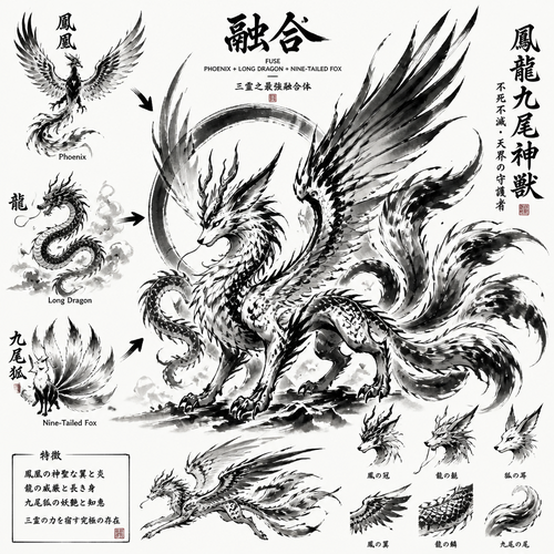 Fuse Phoenix, loung dragon and nine tailed fox as a new creature that has all the best appearance form Phoenix, loung dragon and nine tailed fox. Abe to trace 