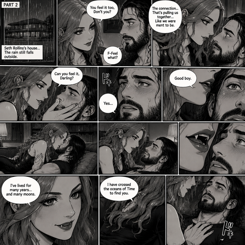 Part 2.The setting is still at Seth Rollins’s house,It’s still raining outside.”You feel it too,Don’t you” Asked Becky Lynch. “F-Feel what?” Asked Seth Rollins nervously.Becky gets closer to Seth. “The connection…That’s pulling us together…Like we were ment to be” Becky said softly.Seth’s heart fluttered.Becky can hear it,She gently puts her hand on his cheek and leaned towards him. “Can you feel it,Darling?” Becky Asked Softly.Something about her voice made Seth unable to resist her. “Yes” Seth whispers. “Good boy” Becky whispers.Their lips connect softly,Becky gently pushes Seth on his back on the couch while they kiss.They eventually pull away and look at each other.Becky smiles gently at him,That’s when….Seth Notices vampire fangs in her teeth,He was bewildered…But not scared. “I’ve lived for many years…and many moons” Becky said softly. “I have crossed the oceans of Time to find you” Becky said softly.Seth’s heart fluttered again,Becky heard it,She gently puts her hand on his chest to feel it.Seth blushed