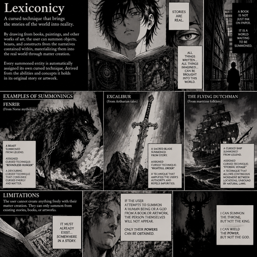 Jujutsu Kaisen curse technique Lexiconicy allows the user to summon an objects beasts from stories and art, and they bring them into reality with matter creation the drawback is they cannot create anything they want with their matter creation and if they try to summon a human being or a God from a book or a piece of art they will not summon that person. They will only get their powers and when creating a tool object or beast, it automatically gets assigned its own cursed technique based on the powers that they have in their stories in art