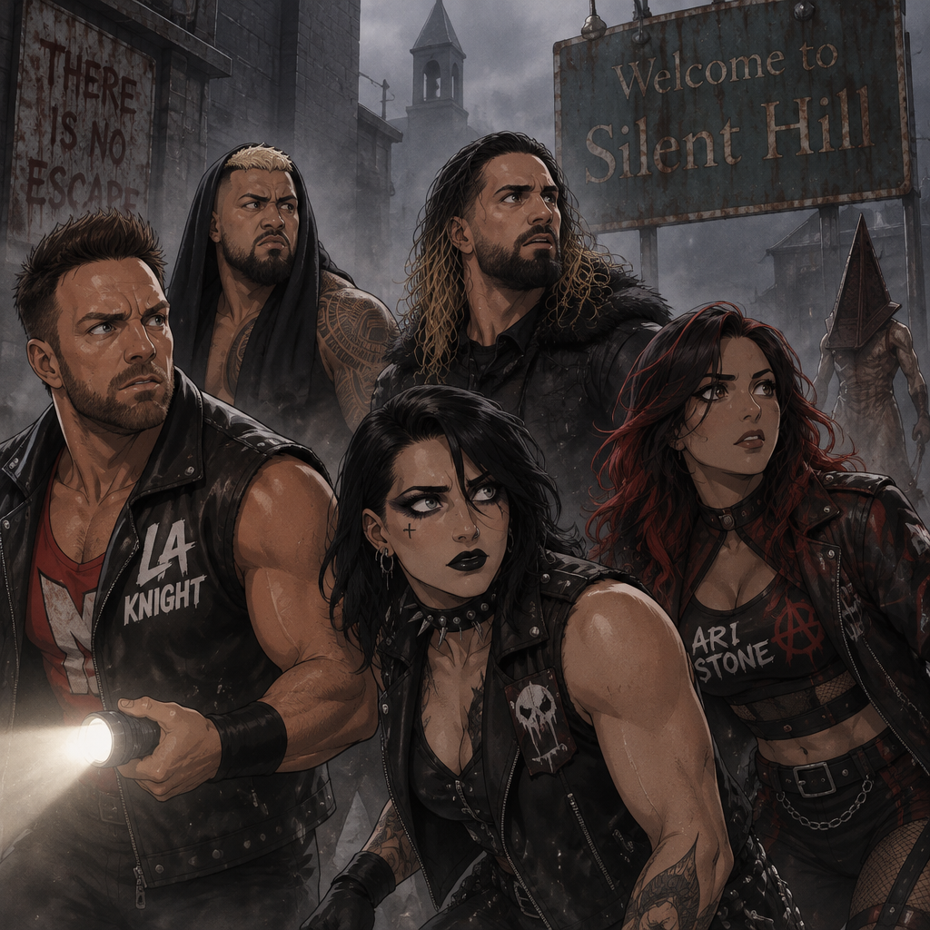 LA Knight,Solo Sikoa,Seth Rollins,Oba Femi,Rhea Ripley and Ari Stone (My wrestler oc) in Silent hill