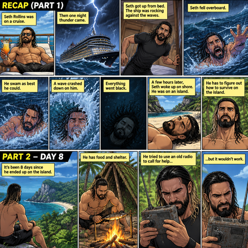 (Recap) Seth Rollins was on a cruise,then one night Thunder came,Seth got up from bed,The ship was rocking against the waves,Seth fell overboard,He swam as best he could,A wave crashed down on him,Everything went black,A few hours later,Seth woke up on shore,He was on an island,He has to figure out how to survive on the island. (And now part 2). It’s been 8 days since he ended up on the island. He has food and shelter. He tried to use an old radio to call for help but it wouldn’t work