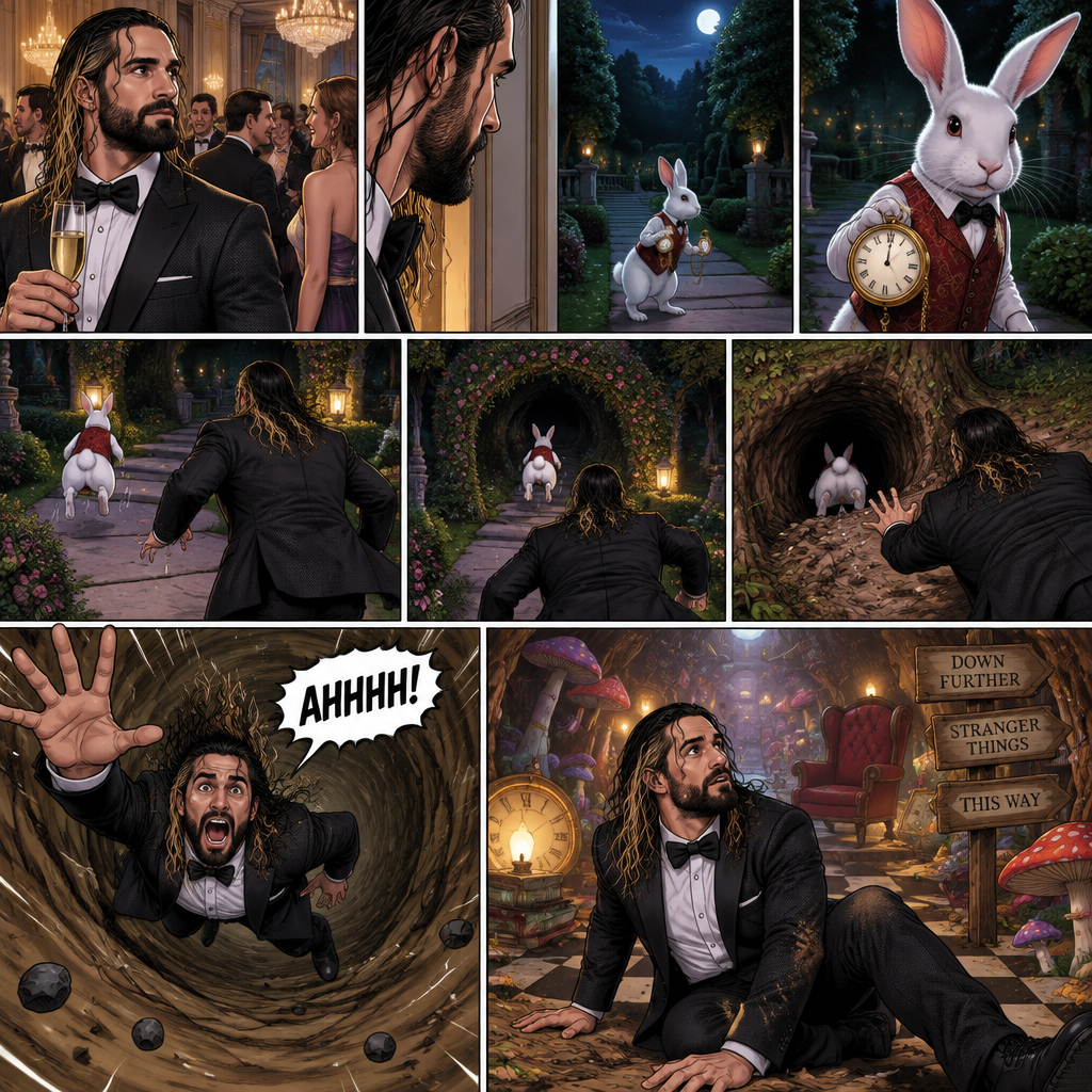 Seth Rollins was at a fancy party,Then he sees a white rabbit outside.It’s wearing a fancy vest and holding a pocket watch and it’s looking at him.Then it starts hopping away and Seth followed it.The rabbit kept hopping and Seth kept following,Until the rabbit jumped down the rabbit hole.Seth looked in the hole…Then he leaned in to far and started falling down the hole. “AHHHH!” Seth Yelled.He kept falling and falling,Till eventually he landed on the bottom.He looked at his surroundings