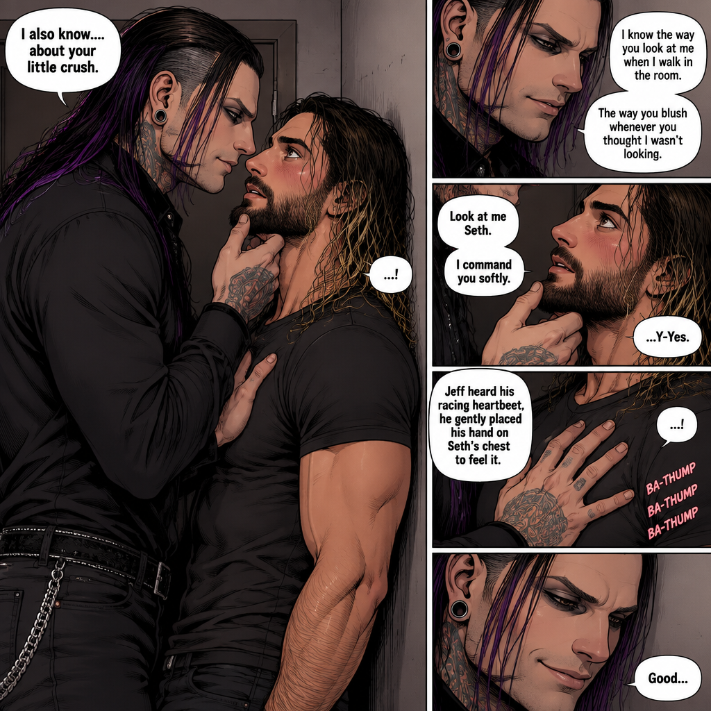 (Recap). Seth Rollins was called into Jeff Hardy’s office,“Is there something wrong Mr.Hardy?” Seth asked nervously,Jeff looked at Seth with a serious expression,“I know you saw me last night” said Jeff,Seth had a fearful expression on his face but tried to keep it cool,“I’m sorry…I don’t know what you’re talking about” said Seth,“Don’t play dumb with me Seth,I know that you know my secret” said Jeff,Seth’s heart was pounding. He was about to run to the door,but Jeff used his vampire speed to get there first and locked it,“You’re not going anywhere” Said Jeff. He slowly walked towards Seth,Seth slowly walked backwards,“Please don’t hurt me,I-I won’t tell anyone” Seth said,His back hit the wall,Jeff stood right in front of Seth,He pinned Seth to the wall. (And now part 3). Jeff looked into Seth’s eyes. “I also know….about your little crush” Said Jeff. Seth got nervous. “I know the way you look at me when I walk in the room,The way you blush whenever you thought I wasn’t looking” Jeff said softly. Jeff gently lifted Seth’s chin. “Look at me Seth” Jeff commanded softly. Seth’s heart fluttered. Jeff heard it,he gently placed his hand on Seth’s chest to feel his heartbeat. Seth gasped softly under Jeff’s touch. Jeff gave a smug smile