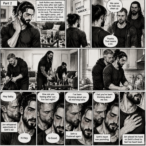 (Part 2) Seth Rollins was cleaning up the mess after last night’s party in his house. His fingers traced on one of the hickeys on his neck. The memory of last night’s party…and Jon Moxley Fresh in his mind. Seth blushed a little,Then there was a knock on the door. Seth walked to the door and answered it,It was Jon and Roman Reigns. They came to help Seth clean up. Seth was thankful for that. They cleaned up the living room. Seth walked to the kitchen to clean the dishes. Jon silently walked to the kitchen and stood behind Seth,Then he wrapped his arms around Seth’s waist. Seth gasped softly. “Hey baby” Jon whispered seductively in Seth’s ear. Seth blushed. “H-Hey” Seth said nervously. “How are you feeling after our…Fun last night?” Jon asked softly. “G-Good” Seth said Softly and nervously. Jon whispered seductively in Seth’s ear “I’ve been thinking about you all morning baby”. Seth is Flustered again. Jon whispered seductively in Seth’s ear again “I bet you’ve been thinking about me too”. Seth’s heart was pounding. Jon placed his hand on Seth’s chest to feel his heart beat.
