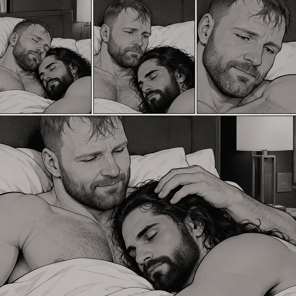 (Part 3). Still in Jon Moxley’s hotel room. Jon Moxley and Seth Rollins were asleep after last night’s activity. Jon slowly woke up,he looked down at Seth who was still asleep. He smiled softly,then he gently stroked Seth’s head