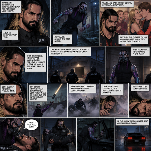 Seth Rollins is a secret agent,For years he was tracking down the nefarious Jeff Hardy…But he escaped every time. Years ago back in high school Seth had a girlfriend,But then she cheated on him and humiliated him In front of the entire school,Ever since then…He’s stopped making room for love in his life in fear he would get heart broken again. One night Seth and a group of agents tracked Jeff down to an abandoned warehouse.they found him…he’s wearing a gas mask. Seth slowly realizes…it was a trap,But before anyone could do anything Jeff threw a can of knock out gas in the air and shot it. Everyone was coughing and slowly losing consciousness,Only Seth tried to fight it,But…He couldn’t fight it anymore,He slowly lost consciousness. All of the agents are unconscious,Jeff slowly walked to the unconscious Seth. He looked down at Seth. “I finally got you,Cutie” Said Jeff. He lifted Seth in his arms and walked to his car,He put him in the passenger seat and then drove away