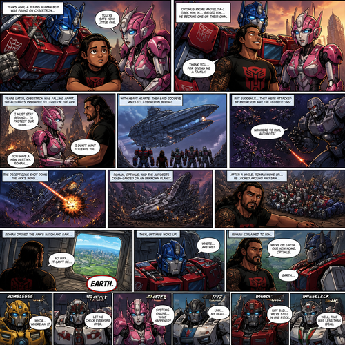 WWE Superstar Roman Reigns ends up on Cybertron as a child and ended up adopted by Optimus Prime and Elita-1.Years later Cybertron is falling apart,Elita-One stays behind while Roman,Optimus Prime and the other Autobots leave on the ark after an emotional goodbye.Then suddenly they get attacked by Megatron and the Decepticons.Then The Deceptions shoot the ark’s wing and Roman and Optimus and the other Autobots crash land on another planet.After A while Roman wake up and looks around and sees Optimus and the Autobots unconscious.Roman opens the Arks hatch and sees…That he’s on the one planet that he thought he would never return to…His home planet..Earth.Then Optimus wakes up.Roman explains to him that they’re on earth,Then bumblebee,Ratchet,Arcee,Jazz,Ironhide and wheel jack wakes up