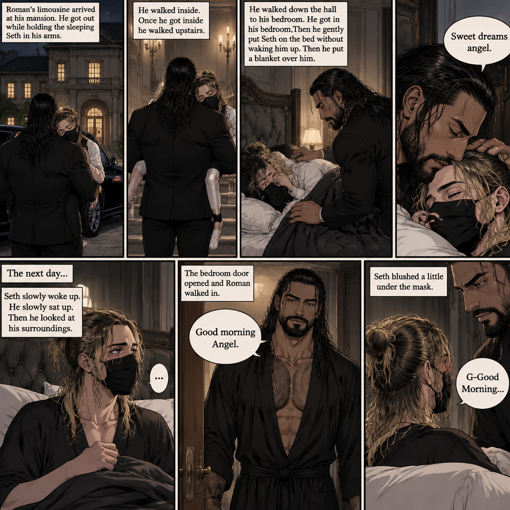 (Recap) Seth Rollins is a waiter at a restaurant,He’s wearing a mask that covers his face because all his life he was told he was ugly and he believed them,He’s also was even too afraid to look at mirrors,Then Roman Reigns (Mafia Boss) and his men walked in,Seth was nervous but walked over here,Roman wrapped his arm around Seth’s waist and pulled him onto his lap,Seth gasped softly,Roman stated that he’s been looking for him,He got up with Seth in his arms and walked to his limousine,He put Seth on the seat,Then he got in and sat beside him,The driver drove away,Roman Wrapped his arm around Seth,”Don’t be scared Seth,I won’t hurt you” Roman Said softly. Seth slowly relaxed,Roman gently rubbed Seth’s back,Seth fell asleep,Roman gently traced the mask on Seth’s face,”If only you knew how beautiful you are” Roman said Softly,3 nights ago Seth was taking out the trash outside his apartment,Roman happened to walk by without Seth noticing,The mask somehow slipped off Seth’s face,He panicked and picked it up and put it back on,Roman briefly saw Seth’s face,He didn’t see an ugly person,he saw someone who looked like an angel,He wanted him ever since. (And now part 4). Roman’s limousine arrived at his mansion. He got out while holding the sleeping Seth in his arms. He walked inside,Once he got inside he walked upstairs. He walked down the hall to his bedroom. He got in his bedroom,Then he gently put Seth on the bed without waking him up,Then he put a blanket over him. He gently kissed Seth’s forehead. “Sweet dreams angel” Roman said softly. The next day,Seth slowly woke up. He slowly sat up,Then he looked at his surroundings. The bedroom door opened and Roman walked in. “Good morning Angel” Roman said softly. Seth blushed a little under the mask. “G-Good Morning” Seth said softly and nervously