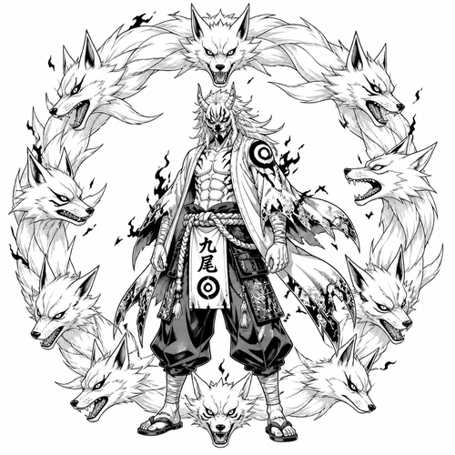 Oni Nine tailed fox oni circle behind him made of fox heads and tails. Full body medium level to trace