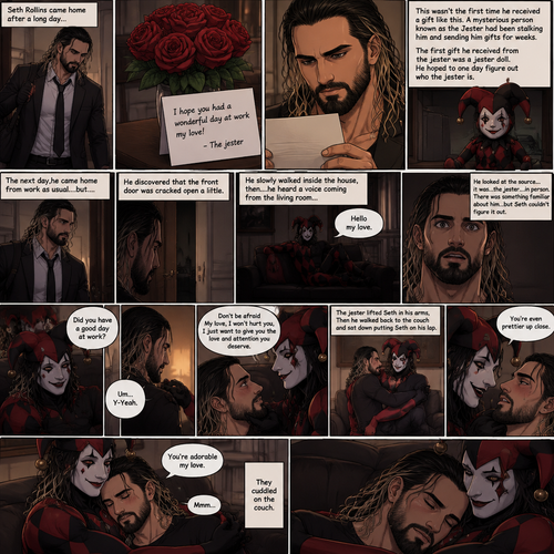 Seth Rollins came home after a long day,He discovered a bouquet of roses on his table. He reads the card,it says “I hope you had a wonderful day at work my love!-The jester”. This wasn’t the first time he received a gift like this. A mysterious person known as the Jester had been stalking him and sending him gifts for weeks. He was never able to figure who this person is. The first gift he received from the jester was a jester doll. He hoped to one day figure out who the jester is. The next day,he came home from work as usual….but….he discovered that the front door was cracked open a little. He got tense and approached with caution. He slowly walked inside the house,then….he heard a voice coming from the living room “Hello my love”. He looked at the source….it was…the jester….in person,Sitting on Seth’s couch. There was something familiar about him…but Seth couldn’t figure it out. “Did you have a good day at work?” Asked the Jester. Seth was a little nervous. “Um…Y-Yeah” said Seth. Seeing how nervous Seth was The Jester slowly walked towards Seth. He gently lifted Seth’s chin. “Don’t be afraid My love,I won’t hurt you,I just want to give you the love and attention you deserve” the jester said softly. Seth blushed a little. The jester lifted Seth in his arms,Then he walked back to the couch and sat down putting Seth on his lap. “You’re even prettier up close” the jester said softly. Seth’s heart fluttered. The jester Wrapped his arms around Seth. “You’re adorable my love” The jester said softly. Seth hummed softly. They cuddled on the couch. (End of part 1)