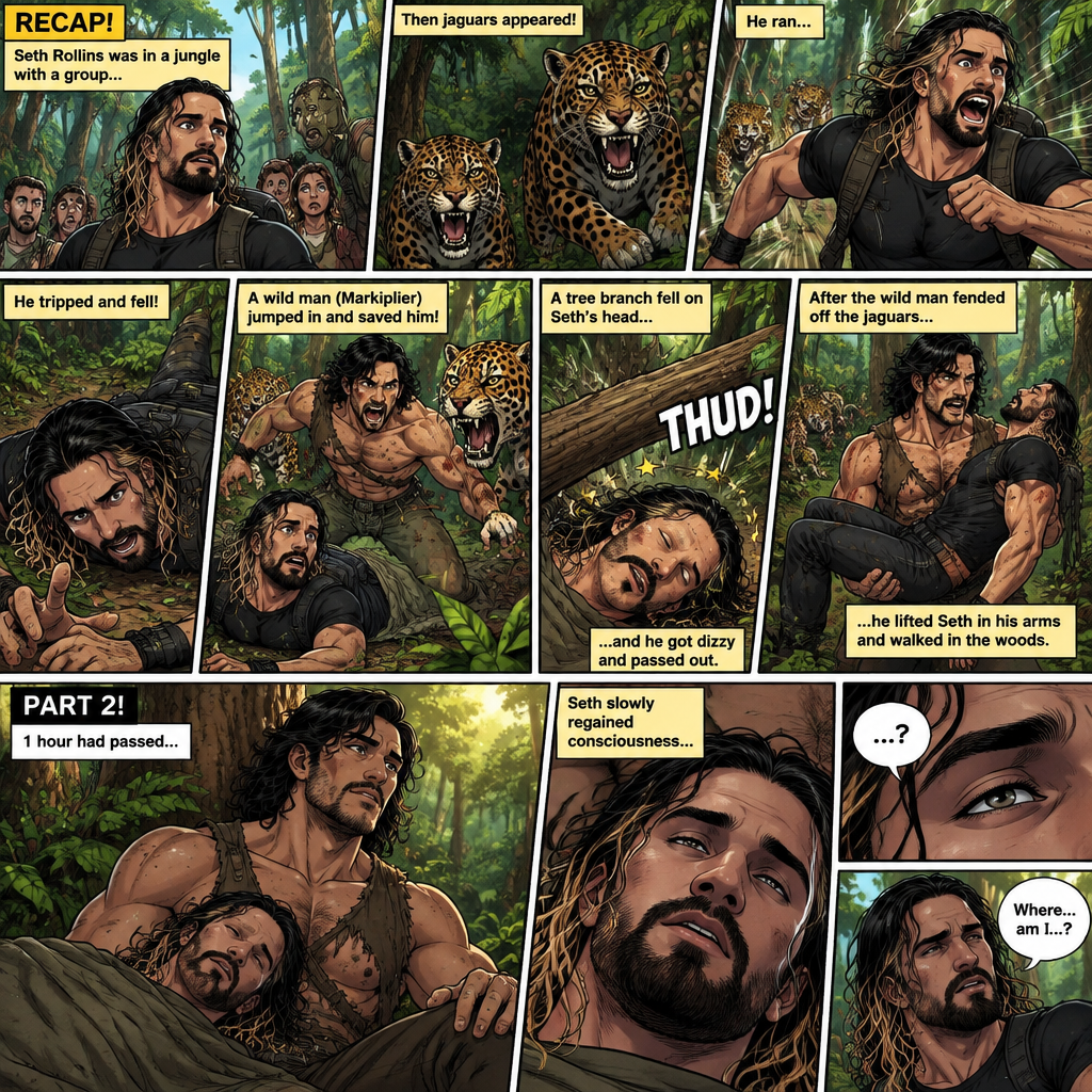 (Recap!) Seth Rollins was in a jungle with a group,Then jaguars appeared,he ran,he tripped and fell. A wild man (Markiplier) jumped in and saved him,A tree branch fell on Seth’s head and he got dizzy and passed out. After the wild man fended off the jaguars he lifted Seth in his arms and walked in the woods. (All caught up? Good! Now onto part 2!). 1 hour had passed,Seth slowly regained consciousness