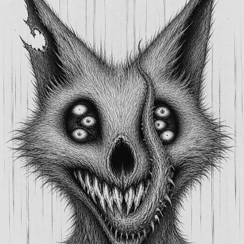 Front view of a fox face showing teeth Teeth, kind of look like flames Tongue is really spiky and fucked up, and it goes all the way up towards the eye the eye sockets each have three eyeballs in each eye socket the left ear has a chunk taken off ears are very pointy and look like fur the nose of the fox is gone. It just has a hole there where it should be drawing