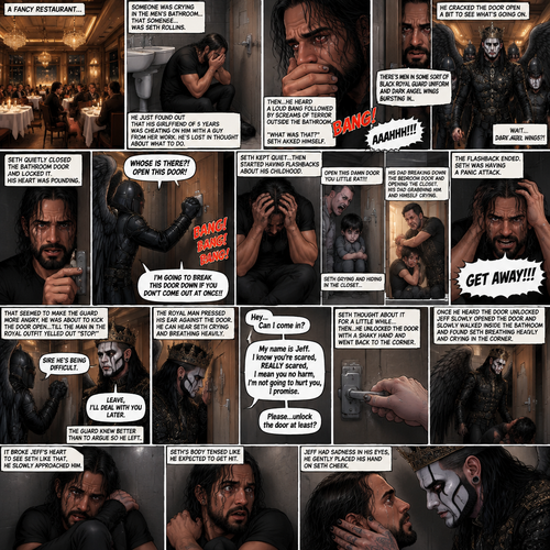 There’s a fancy restaurant,someone was crying in the men’s bathroom,That someone…was Seth Rollins. He just found out that his girlfriend of 5 years was cheating on him with a guy from her work. He’s Lost in thought about what to do. He was snapped out of his thoughts…when…he heard a loud bang followed by screams of terror outside the bathroom. “What was that?” Seth asked himself. He cracked the door open a bit to see what’s going on. There’s men in some sort of black royal guard uniform and dark angel wings bursting in…wait…Dark angel wings?!. A man in a black royal outfit with a crown on his head and dark angel wings (Jeff Hardy) was leading them,He looks like he’s…looking for someone. Seth quietly closed the bathroom door and locked it,his heart was pounding. Then…One of the men in royal guard uniform tried jiggling the bathroom door handle. Seth slowly and quietly backed away from the door. The man in the royal guard uniform banged on the door. “Whose is there?! Open this door!” The man in the royal guard uniform yelled. Seth kept quiet while the man kept banging on the door. “I’m going to break this door down if you don’t come out at once!!” The man in the royal guard uniform yelled. Seth was scared,He stared having flashbacks about his childhood. His dad yelling at him “Open this Damn door you little rat!!!”. Seth crying and hiding in the closet,his dad breaking down the bedroom door and opening the closet,his dad grabbing him and himself crying. The flashback ended. Seth was having a panic attack. “GET AWAY!!!” Seth yelled at the door. That seemed to make the man in the royal guard uniform more angry,He was about to kick the door open…till the man in the royal outfit yelled out “Stop!” At the guard. The guard backed down. The man in royal outfit walked over to the guard. “Sire he’s being difficult” the guard said. “Leave,I’ll deal with You later” the royal man said to the guard. The guard knew better than to argue so he did what the royal man asked. The royal man pressed his ear against the door,He can hear Seth crying and breathing heavily. Seth was still having a panic attack. The royal man gently knocked on the door. “Hey,Can I come in?” The royal man asked. Seth didn’t move. “My name is Jeff” said Jeff. “I know you’re scared,REALLY scared,I mean you no harm,I’m not going to hurt you,I promise” Jeff said softly. “Please…unlock the door at least?” Jeff asked politely. Seth thought about it for a little while…then…he…unlocked the door with a shaky hand and then went back to the corner. Once he heard the door unlocked Jeff slowly opened the door and slowly walked inside the bathroom and found Seth breathing heavily and crying in the corner. It broke Jeff’s heart to See Seth like that,He slowly approached him. Seth’s body tensed like he expected to get hit. Jeff had sadness in his eyes,He gently placed his hand on Seth’s cheek
