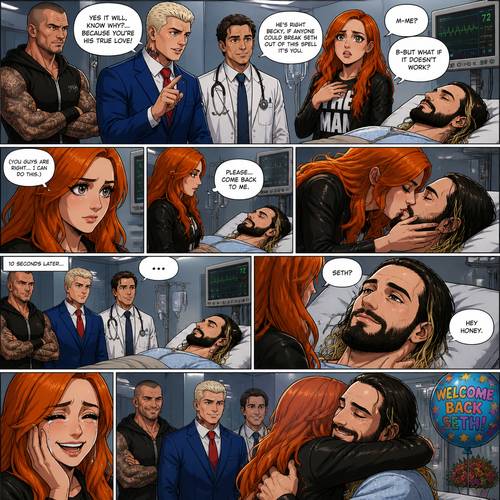 Part 3 of the Enchanted apple story.Seth Rollins is still unconscious at the hospital.Randy Orton,Cody Rhodes and the doctor were looking at Becky Lynch after Cody got the idea that true love’s kiss could break the spell. “m-me?” Asked Becky.Randy,Cody and the doctor nodded in response. “B-But what if it doesn’t work?” Asked Becky. “Yes it will,Know why?…Because you’re his true love!” Said Cody. “He’s right Becky,If anyone could Break Seth out of this spell it’s you” Said Randy.She looks at Seth’s sleeping face.She nodded to her self. “You guys are right…I can do this” said Becky.She took a deep breath,Walked to Seth and leaned forward to him. “Please…come back to me” Becky said quietly,Then…she gently kissed him.After 10 seconds she stopped.They waited…Then…Seth slowly opened his eyes.The first face he saw was Becky’s.”Seth?” Asked Becky. Seth smiled softly at her. “Hey honey” Seth said softly.Becky’s tears of joy came out from her eyes.Then Becky and Seth hugged each other gently while Cody,Randy and the doctor watched.