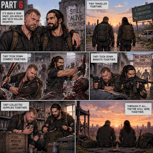 (Part 6). Still in the zombie apocalypse. “it’s been a year since Jon Moxley and Seth Rollins reunited. They travelled together,They took down zombies together,They took down bandits together,They collected supplies together