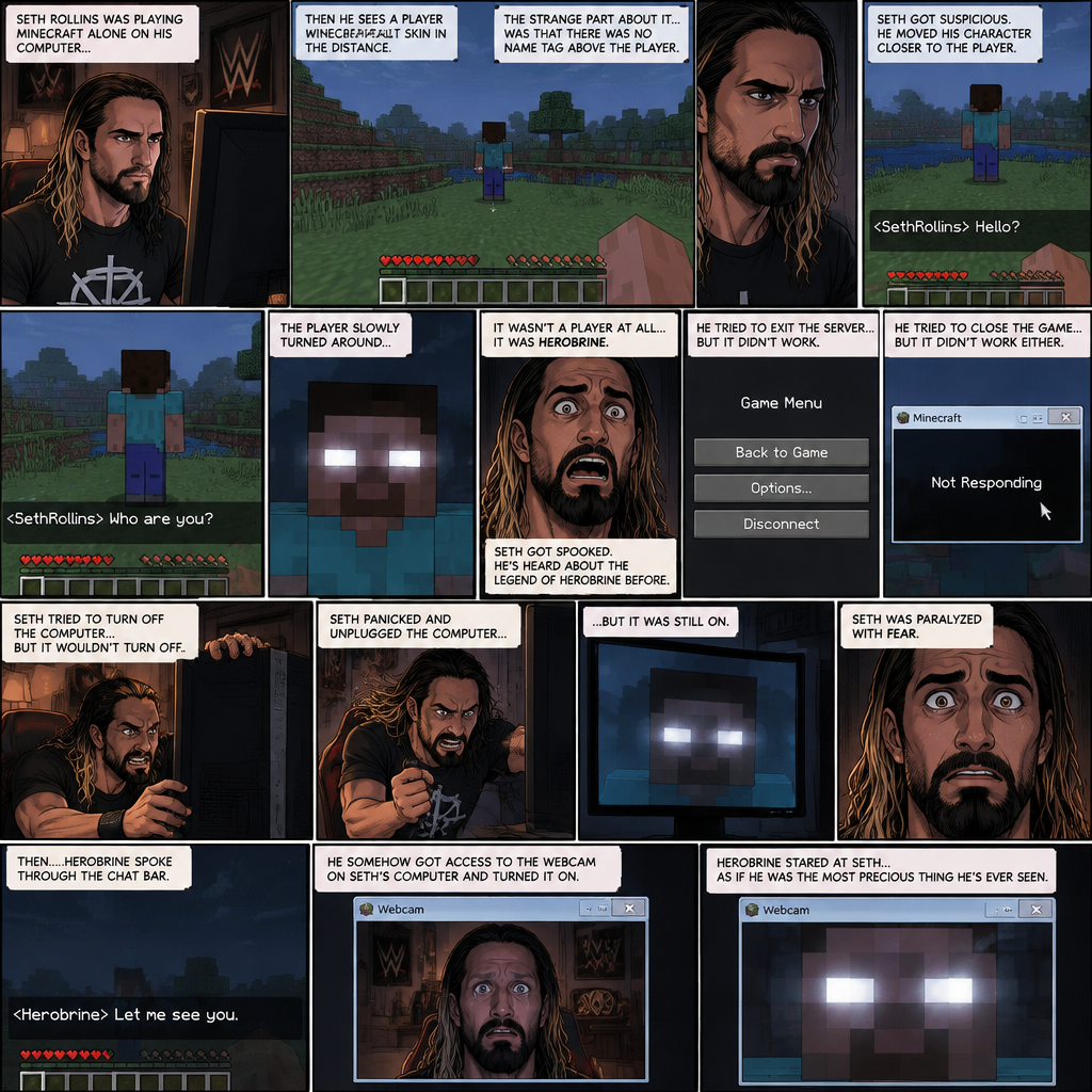 Seth Rollins was playing Minecraft alone on his computer,then he sees a player with a default skin in the distance,His back was facing Seth. The strange part about it…was that there was no name tag above the player. Seth got suspicious,He moved his character closer to the player. He typed in the chat bar “Hello?”. The player didn’t respond. Seth typed in the chat bar again “Who are you?”. The player slowly turned around….It wasn’t a player at all….it was Herobrine. Seth got spooked,He’s heard about the legend of Herobrine before. He tried to exit the server….but it didn’t work,He tried to close the game…but it didn’t work either. Herobrine kept staring at Seth. Seth tried to turn off the computer…But it wouldn’t turn off. Herobrine walked slowly to the screen. Seth panicked and unplugged the computer….but it was still on. Seth was paralyzed with fear. Then….Herobrine spoke through the chat bar “Let me see you”. He somehow got access to the webcam on Seth’s computer and turned it on. Herobrine stared at Seth…as if he was the most precious thing he’s ever seen.