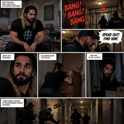 Seth Rollins was living in a run down apartment,Then he heard loud banging from the lobby,Then he heard a man shouting. “SPEAD OUT! FIND HIM!” Said the voice.Seth got spooked,He barricaded the door and hid in his closet.There were sounds of doors being kicked outside