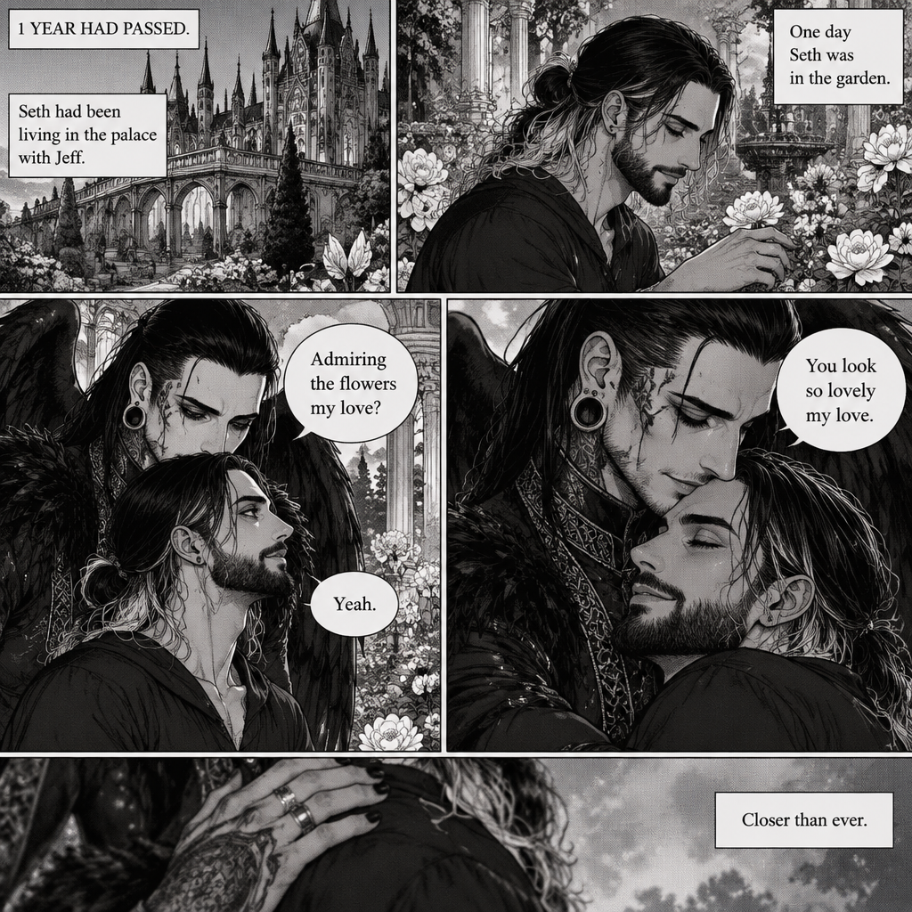 (Part 4 of the dark angel X human story). 1 year had passed,Jeff Hardy (The dark angel king) and Seth Rollins are more closer than ever. Seth had been living in the palace with Jeff. One day Seth was in the garden. Jeff walked behind him. “Admiring the flowers my love?” Jeff asked. Seth smiled softly. “Yeah” Seth said softly. Jeff gently pulled Seth in his embrace. “You look so lovely my love” Jeff said softly