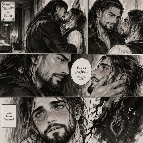 Part 3 of the Vampire x Butler story.Sill in the bedroom of the man of the house (Roman Reigns). He was kissing the Butler (Seth Rollins) against the wall. He smiled at Seth afterwards. Seth was flustered.Roman gently put his hand on Seth’s cheek. “You’re perfect” Roman said softly.Seth’s heart fluttered