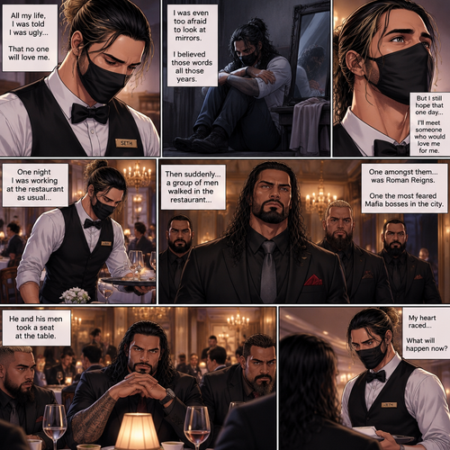 Seth Rollins is a waiter at a fancy restaurant,He’s wearing a mask that covers his face. The reason for that is heartbreaking. All his life he was told he was ugly and no one will love him. He was even too afraid to look at mirrors. He believed those words all those years. He hopes that one day…he’ll meet someone who would love him for him. One night he was working at the restaurant as usual…then suddenly….a group of men walked in the restaurant,One amongst them…was Roman Reigns,One the most feared Mafia bosses in the city. He and his men took a seat at the table