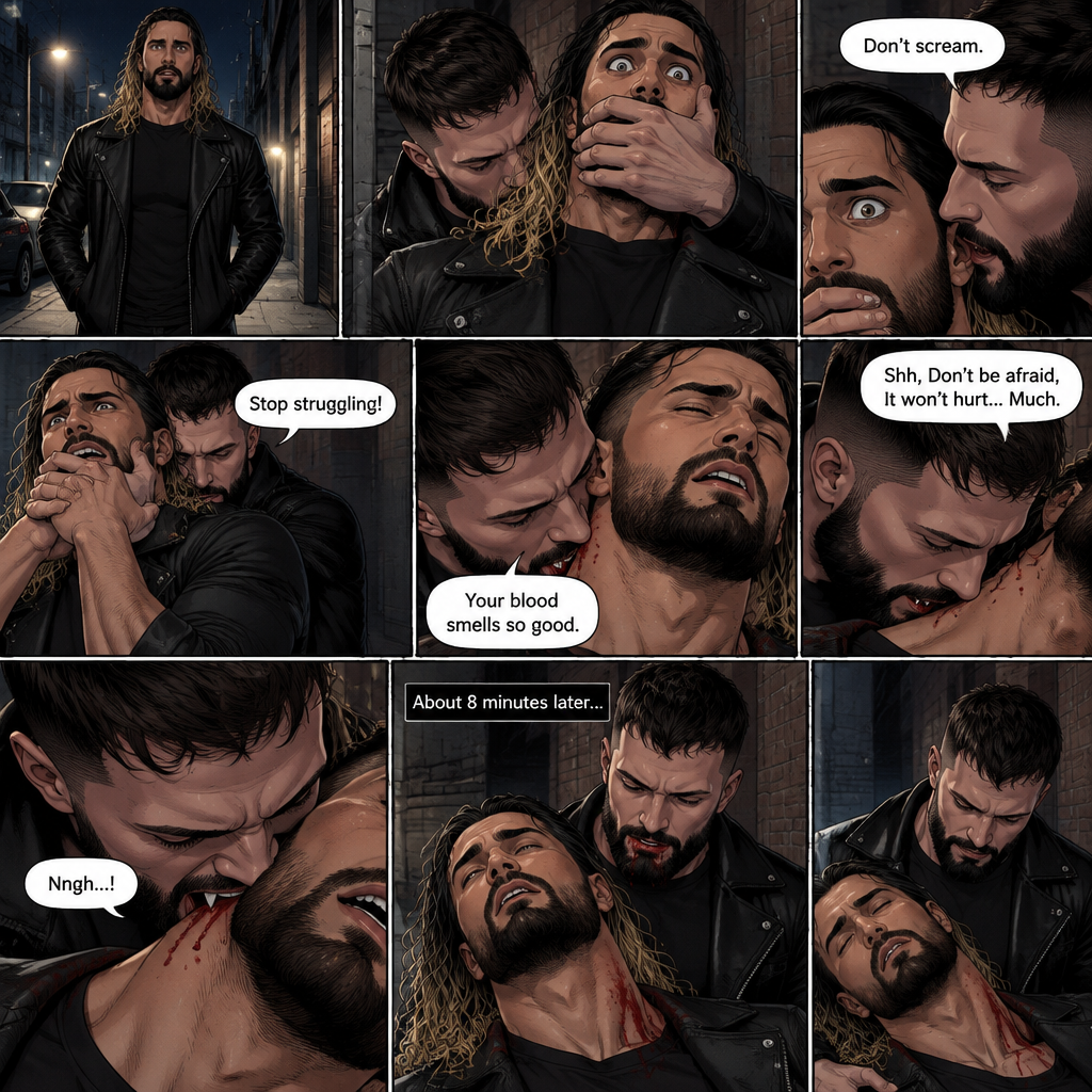 Seth Rollins was walking down a sidewalk alone at night,Then…Someone (Finn Bálor) grabbed him from behind and pulled him into an alleyway. Seth tried to yell for help but the person Covered his mouth with his hand. The person whispered in Seth’s ear “Don’t scream”. Seth struggled but the person was somehow stronger than him. “Stop struggling!” The person said with an irritated tone. Seth was breathing heavily. The person sniffed Seth’s neck. “Your blood smells so good” Said the person. Seth’s heart was pounding with fear. “Shh,Don’t be afraid,It won’t hurt…Much” The person said softly. Then…the person’s fangs pierced Seth’s neck. Seth groaned. The person held Seth. After about 8 minutes,The person removed his fangs from Seth’s neck. Seth was weak and barely conscious